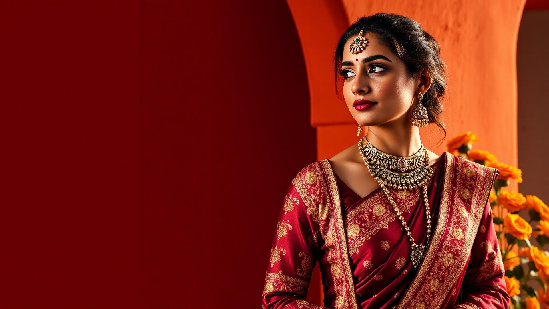 Woman wearing a maroon silk saree with gold kundan jewellery